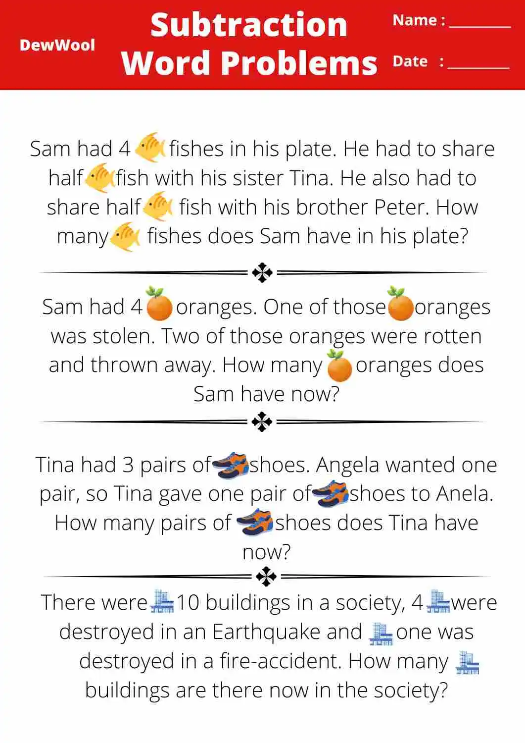 Subtraction Word Problems Worksheet for Grade 1 Students First grade student solving subtraction word problems on a printed worksheet