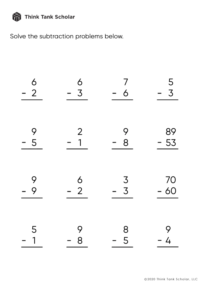 Preschooler worksheet for learning beginning subtraction with numbers one through five