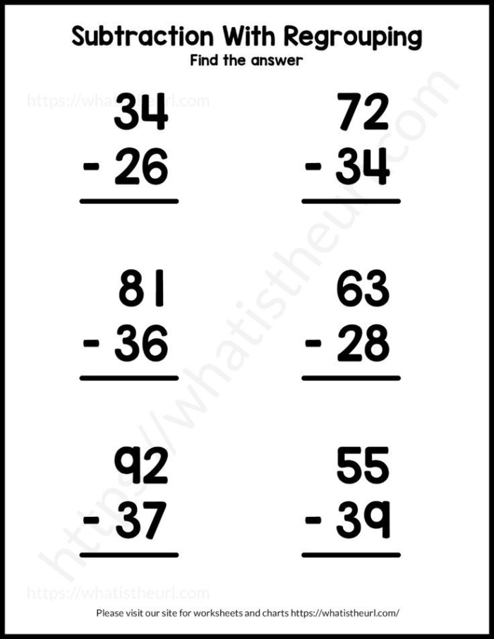 Second grade math worksheet showing subtraction problems that require regrouping with two-digit numbers and visual place value blocks