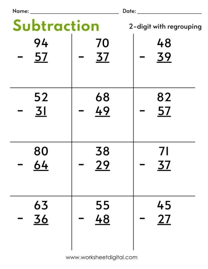 Second grade student practicing double digit subtraction with regrouping on math worksheet 12