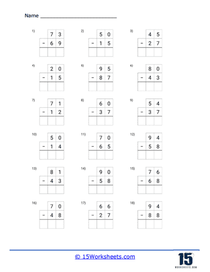 Second grade math worksheet featuring subtraction problems that require regrouping to solve