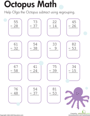 Second Grade Worksheet: Subtraction with Regrouping featuring Olga the Octopus Olga the Octopus assists second graders in solving two-digit subtraction problems with regrouping