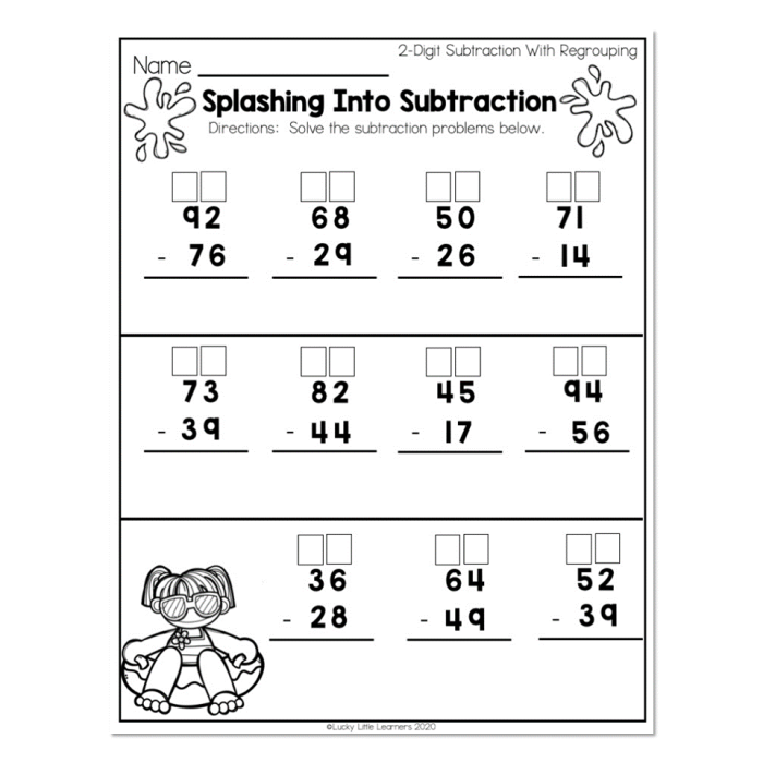 Subtraction worksheet for Second Grade Olga the Octopus assists second graders with subtraction problems using regrouping on this colorful worksheet. Fun and engaging subtraction with regrouping: Octopus Math worksheet for grade 2 students.