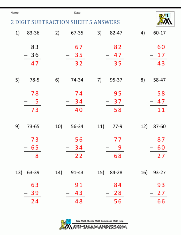Subtraction worksheet for Second Grade Kids solving two-digit subtraction problems with regrouping on the Octopus Math worksheet featuring Olga. Fun second-grade math activity for mastering subtraction skills.