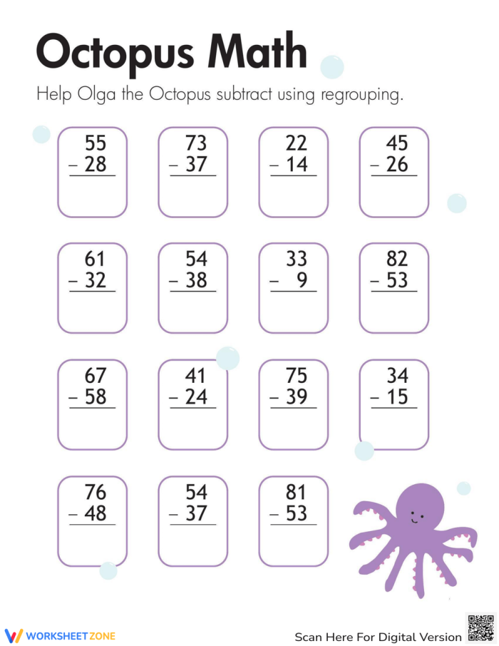 Subtraction worksheet for Second Grade Olga the Octopus guides second graders through subtraction problems using regrouping on this fun worksheet. Subtraction with Regrouping: Octopus Math Worksheet for Second Grade.
