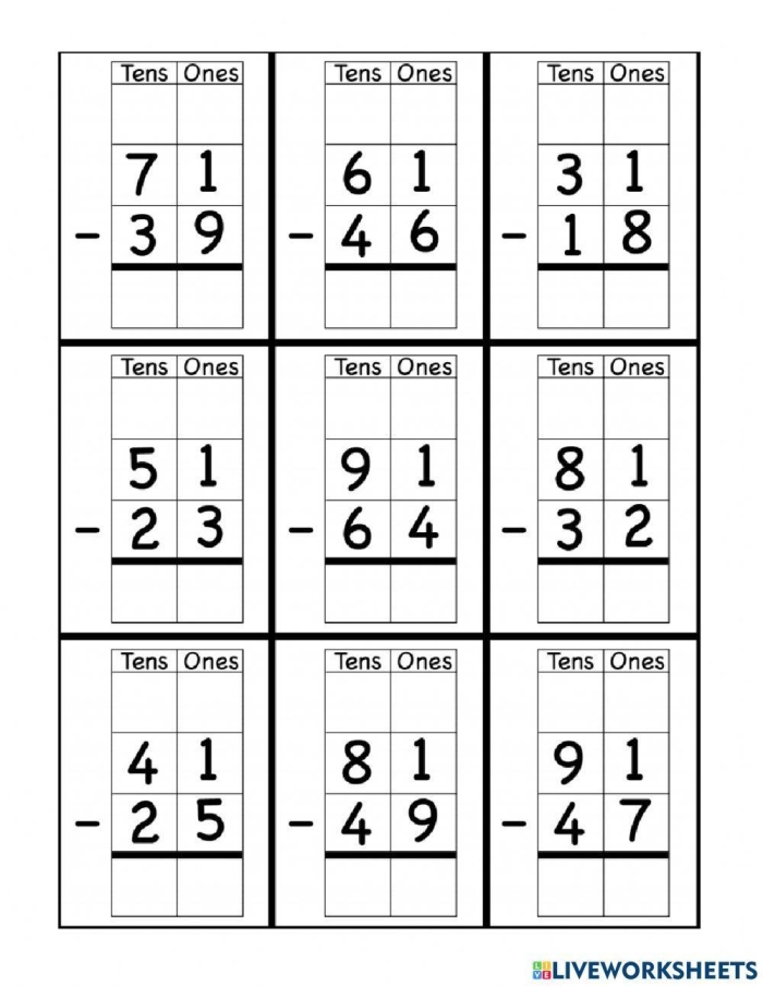 Subtraction worksheet for Second Grade Kids practice subtraction with regrouping alongside Olga the Octopus in this engaging worksheet. Subtraction with Regrouping: Help Olga the Octopus solve two-digit problems!