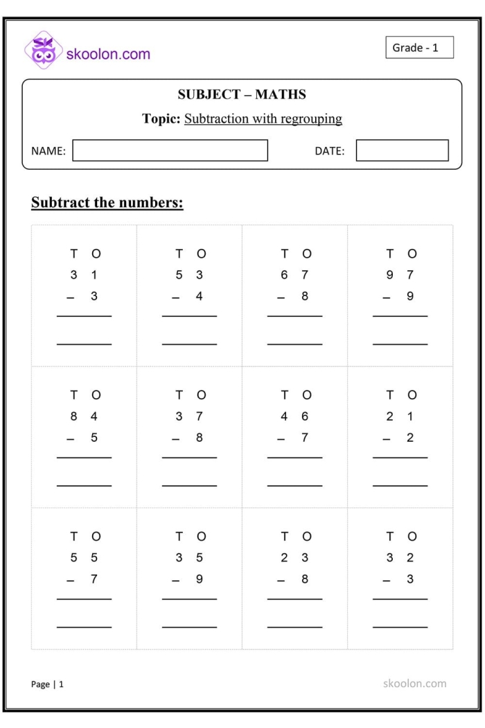 Second grade math worksheet showing subtraction problems with regrouping exercises and visual place value blocks