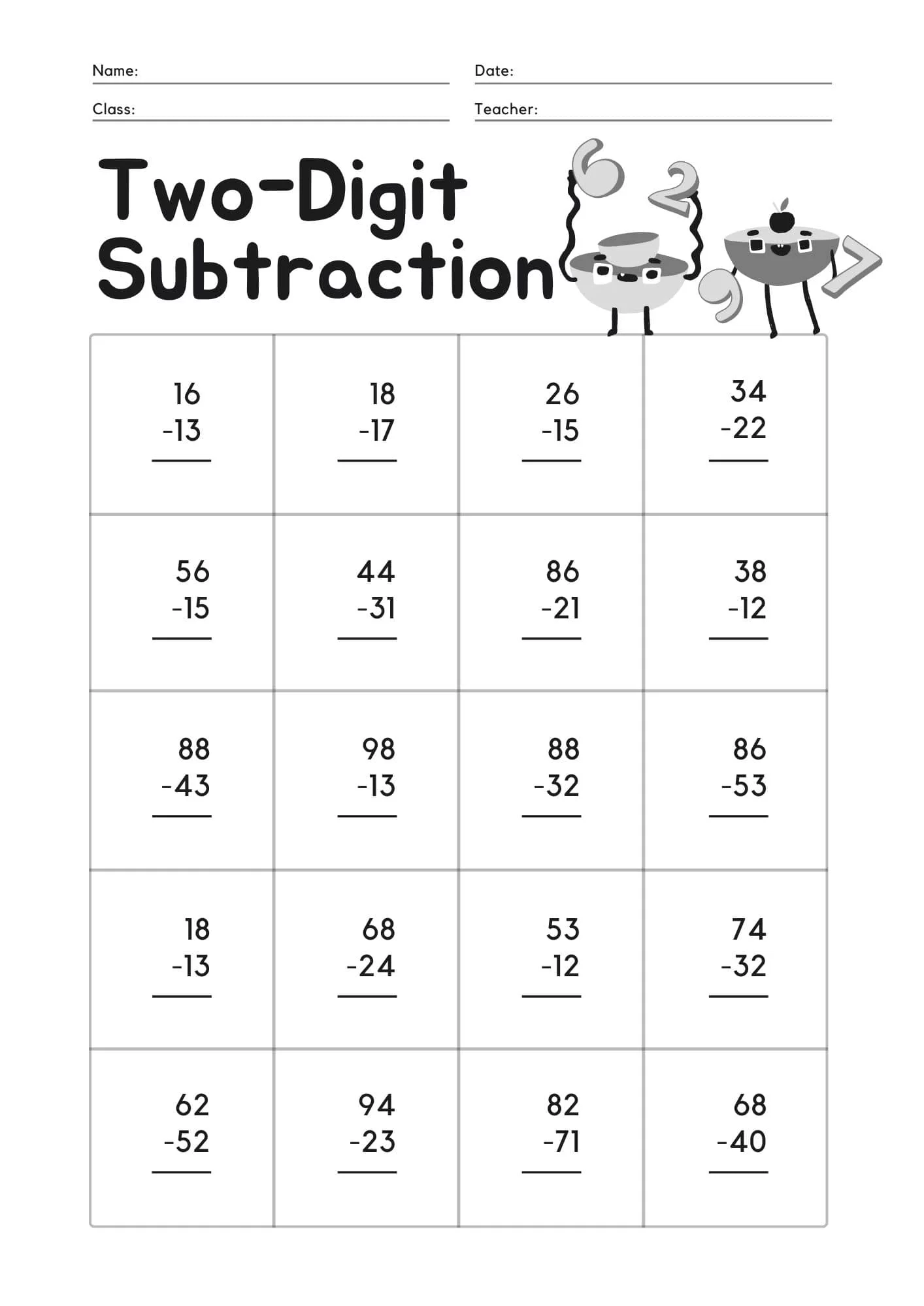 Two-Digit Subtraction with Borrowing practice worksheet for second graders