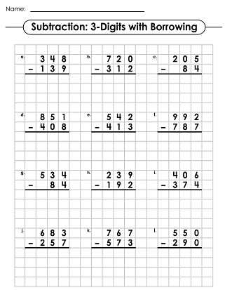 Subzero Subtraction with Regrouping Practice Problems for Elementary Students Third grade math worksheet showing three-digit subtraction problems that require regrouping and borrowing techniques