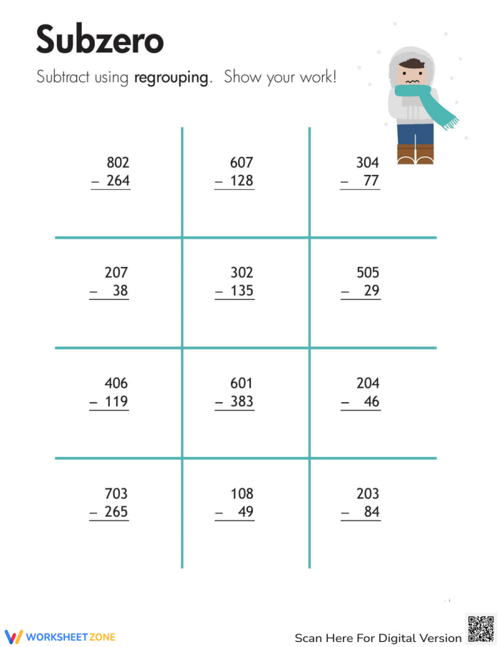 Subzero Three-Digit Subtraction with Regrouping Worksheet 21 Third grade student practicing three-digit subtraction with regrouping on a subzero themed math worksheet 21