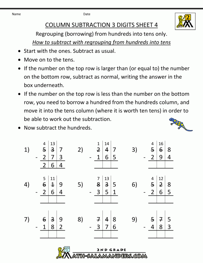 Children practicing regrouping in a subtraction worksheet for second graders