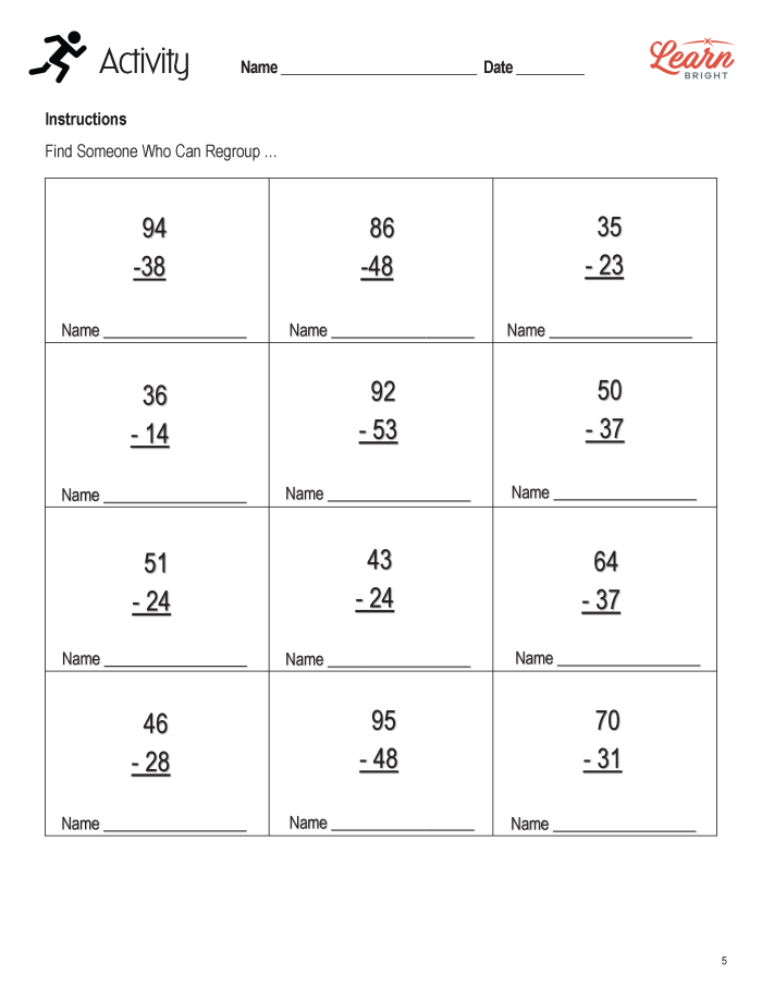 Subtraction with Regrouping: Focus on the Fundamentals Worksheet Image 21 Students practicing subtraction with regrouping in a fourth-grade math worksheet