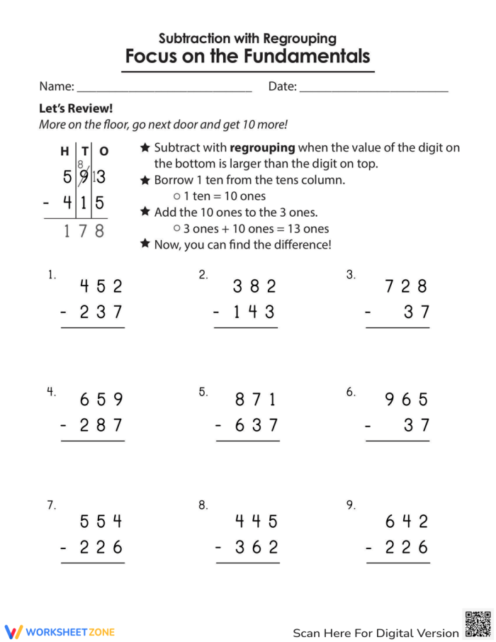 Subtraction with Regrouping: Focus on the Fundamentals worksheet example Worksheet illustrating subtraction with regrouping for fourth-grade students