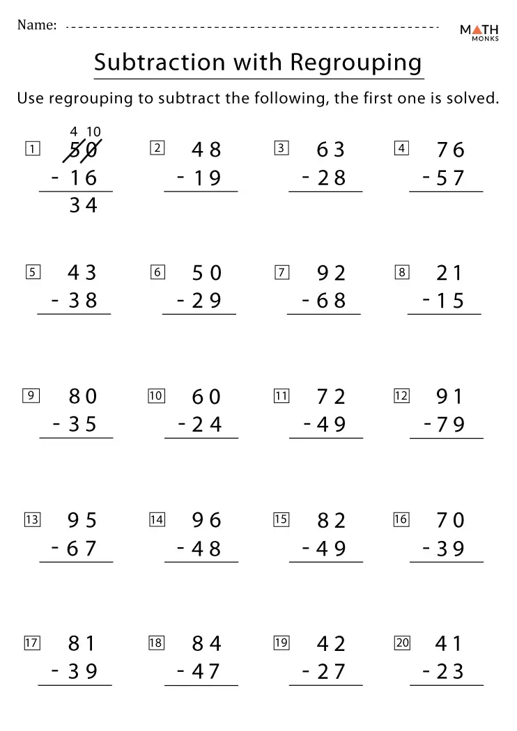 Subtraction with Regrouping: Focus on the Fundamentals Worksheet Image 12 Worksheet showcasing subtraction with regrouping for fourth-grade students