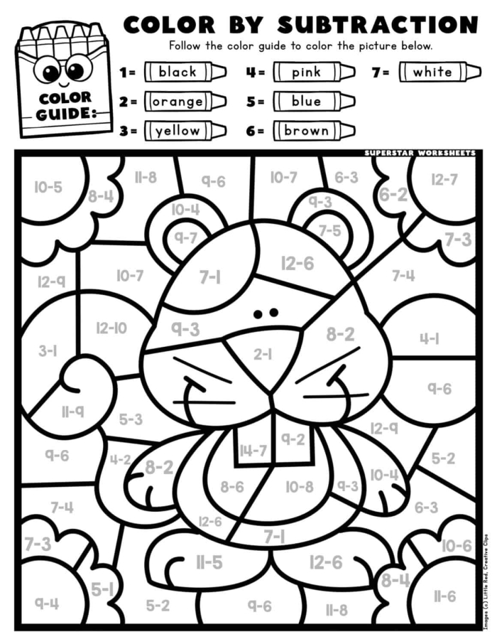 Subtraction Color By Number Fish Worksheet Number 13 Kindergarten subtraction worksheet featuring a color by number fish activity
