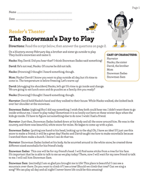 Second grade students engaging with the Reader’s Theater: The Snowman’s Day to Play worksheet focused on subtraction. Winter-themed reading comprehension activity for young learners.