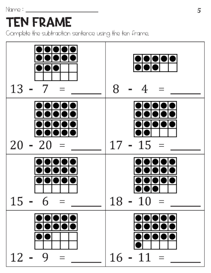 First-grade worksheet for subtracting numbers within 20 using ten frames