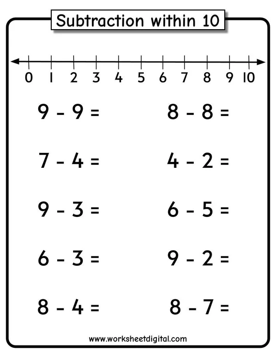 Subtraction to 10 worksheet for kindergarten students featuring a cross-out math exercise