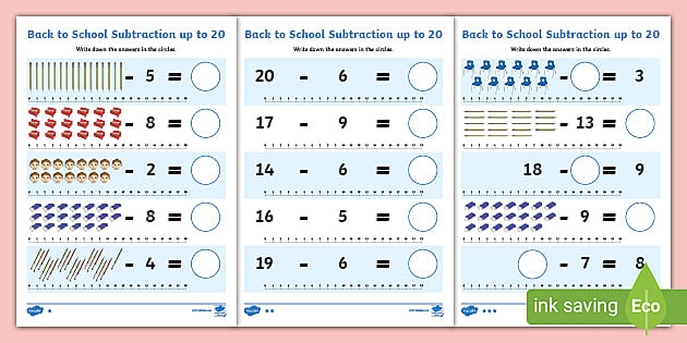 Assessment: Subtraction to 20 worksheet for First Grade