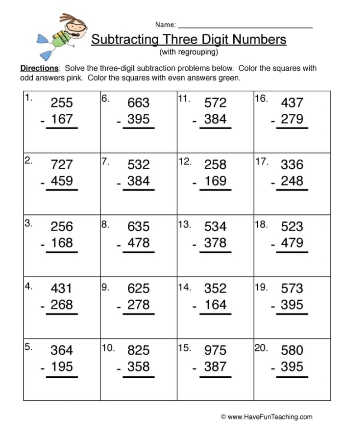 Subtraction with Regrouping: Focus on the Fundamentals Worksheet Example 2 Worksheet illustrating subtraction with regrouping for fourth graders