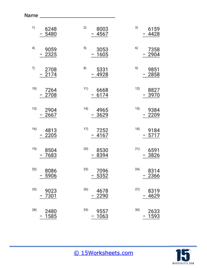Second grade math worksheet featuring subtraction problems that require regrouping to solve
