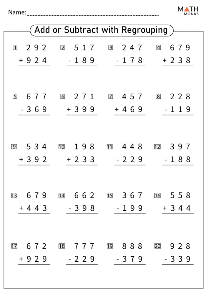 Second grade math worksheet featuring subtraction problems with regrouping practice