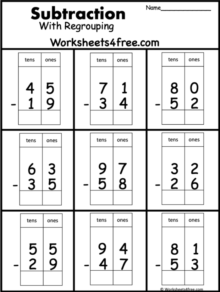 Second grade subtraction with regrouping practice worksheet for students