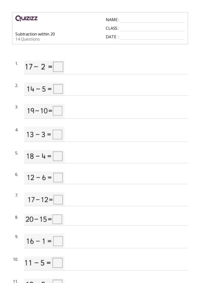 Second grade math worksheet showing subtraction problems within 20 for student skill assessment
