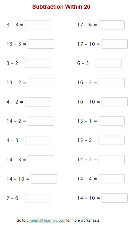 Second grade student completing a subtraction within 20 check-in worksheet