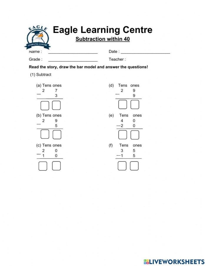 Second grade students practicing subtraction problems on a worksheet for numbers up to 20