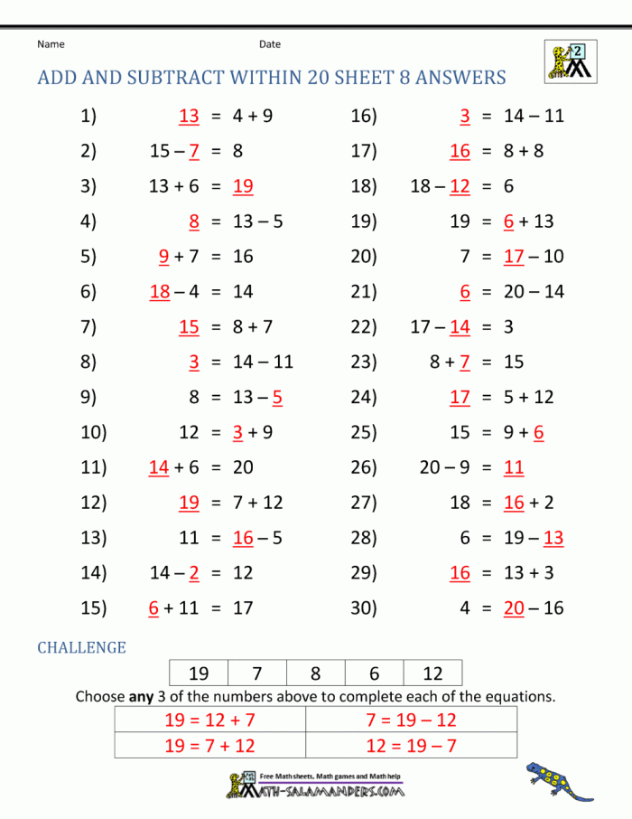 Second grade student working on a subtraction within 20 check-in worksheet