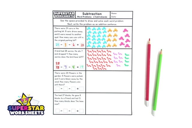Illustration of students practicing mental math through subtraction word problems Children engaging with a Subtraction Fact Word Problems worksheet in a second-grade classroom