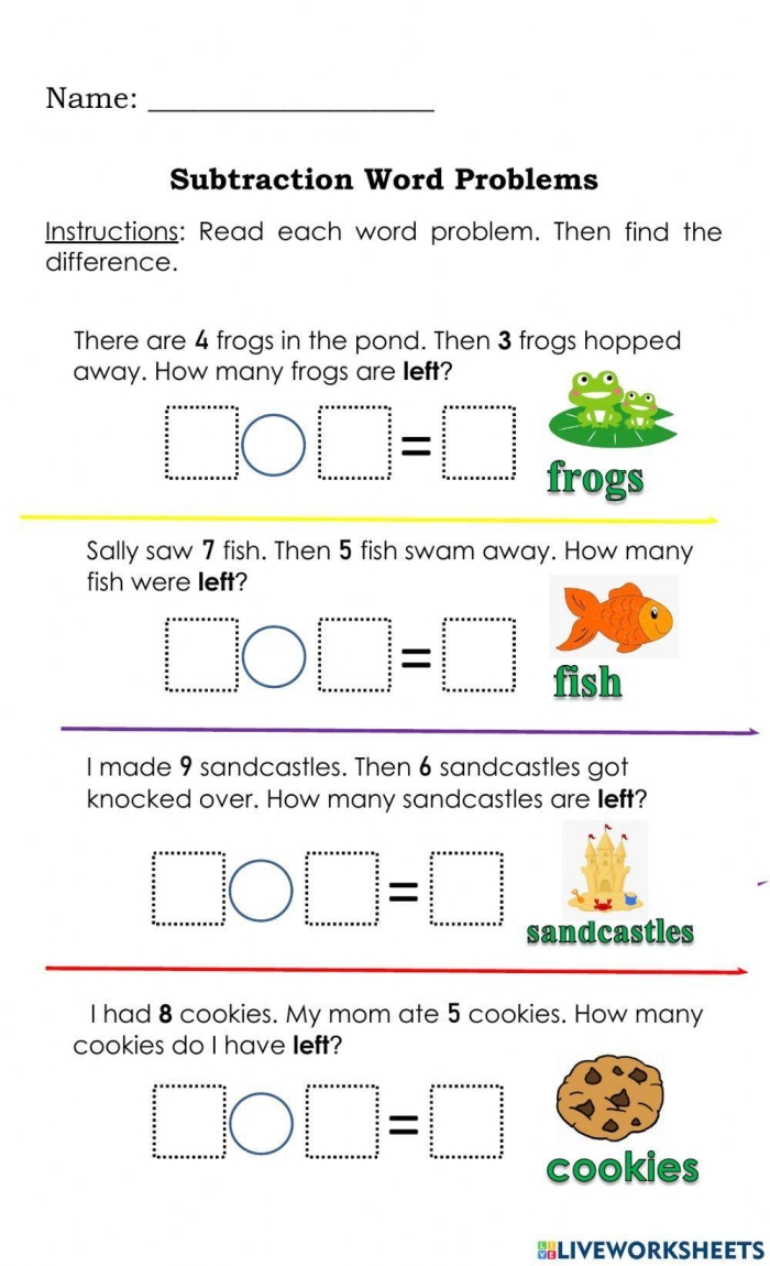 Subtraction Fact Word Problems worksheet for developing mental math skills Students working on subtraction fact word problems in a worksheet for second grade