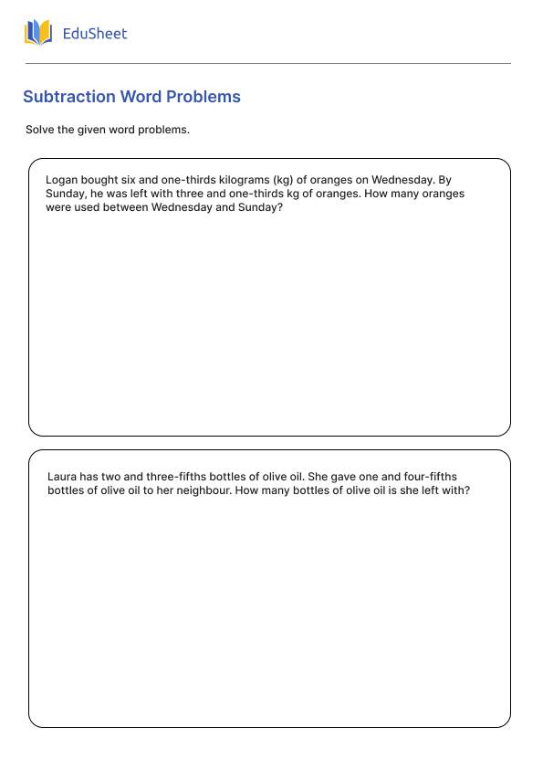 Subtraction Fact Word Problems Worksheet for Second Graders Children engaged in solving subtraction fact word problems on a colorful worksheet