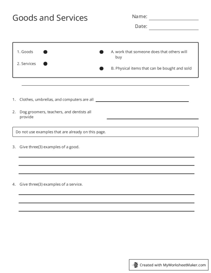 Engaging introduction to economics for children with visual elements and activities Examples of Goods and Services worksheet for second graders focusing on subtraction concepts