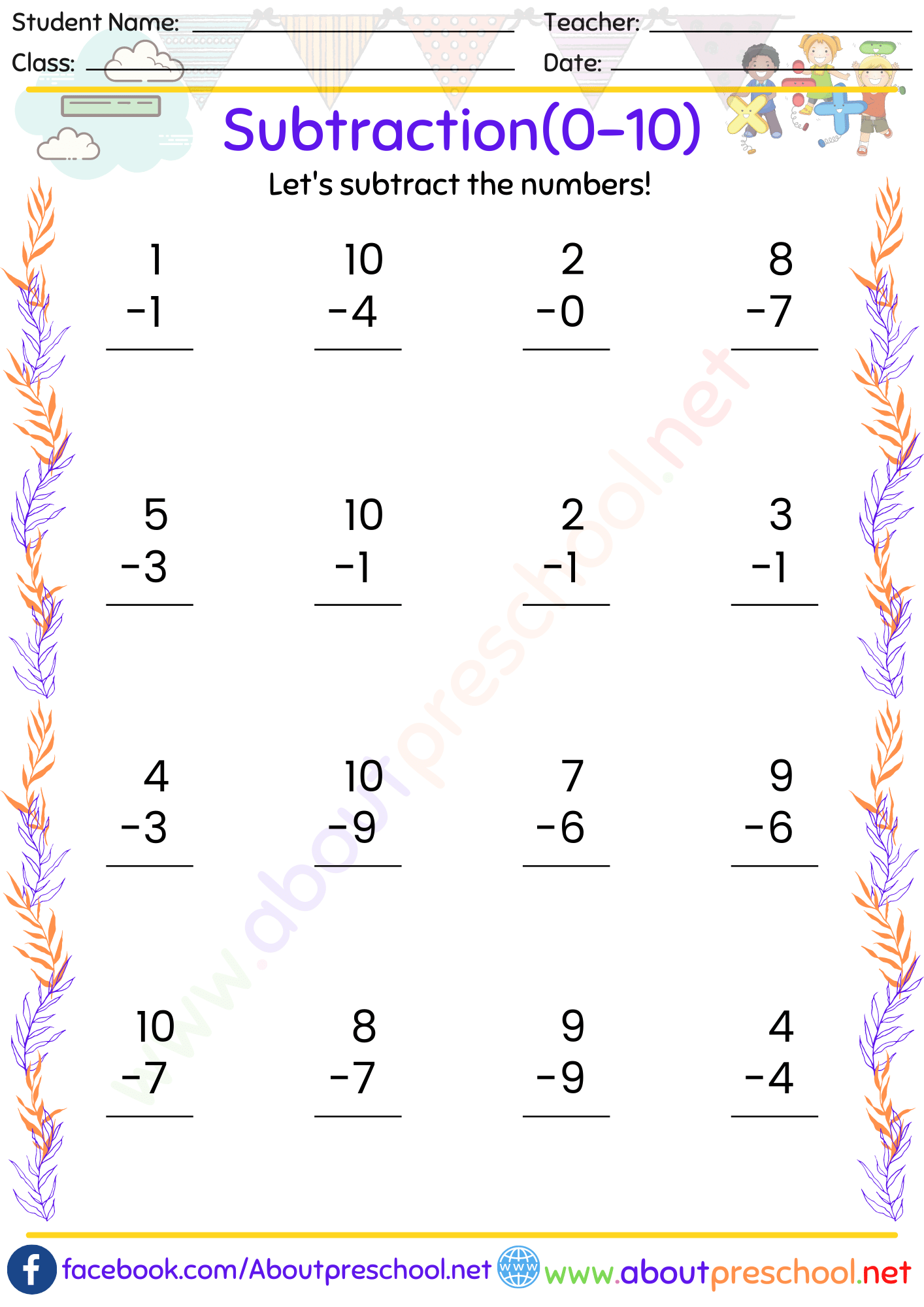 Preschoolers practicing subtraction by counting birds, bugs, and eggs in a colorful spring-themed worksheet