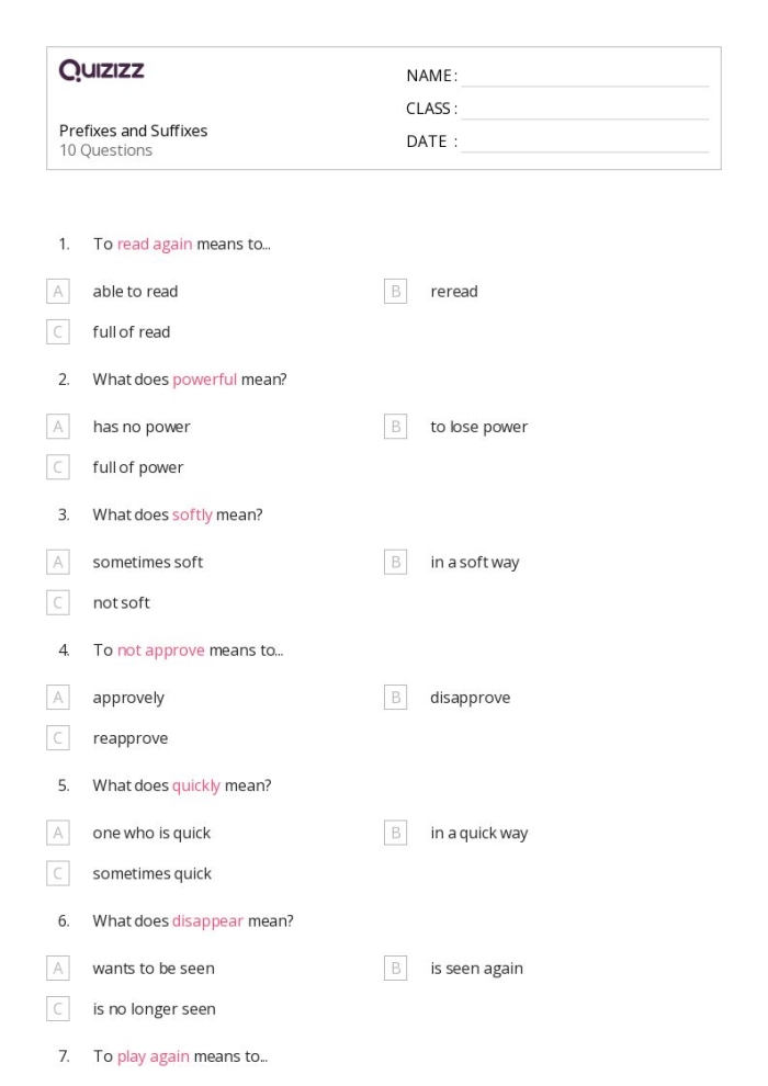 Worksheet illustrating how suffixes change everyday words for second graders