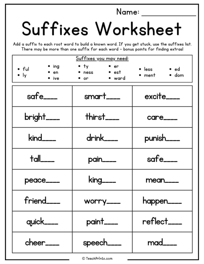 Suffix worksheet for second graders illustrating word transformations