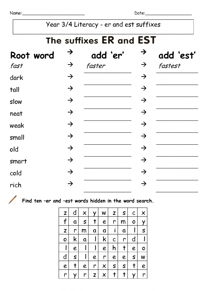 Let's Practice Using Suffixes: -er and -est Adjective Exercise 24 Fifth grade grammar worksheet showing adjective suffix practice exercises for -er and -est spelling rules