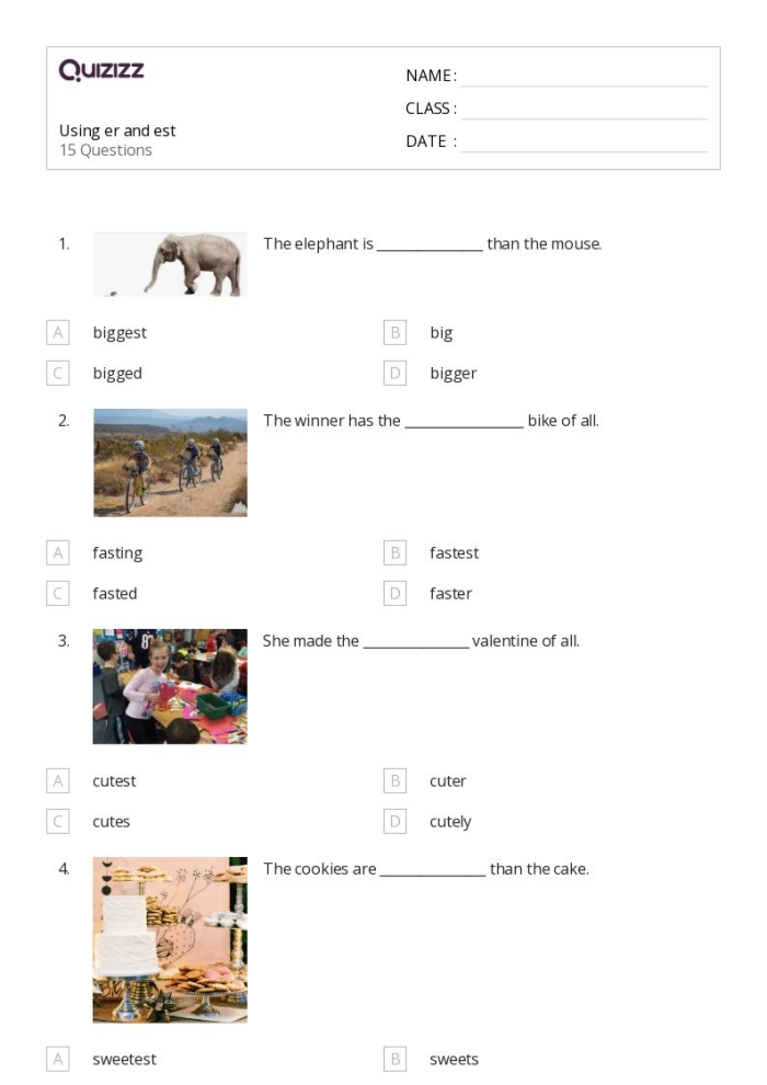 Practice Using Suffixes -er and -est Exercise 8 Fifth grade grammar worksheet showing adjective suffix practice exercises for -er and -est spelling rules