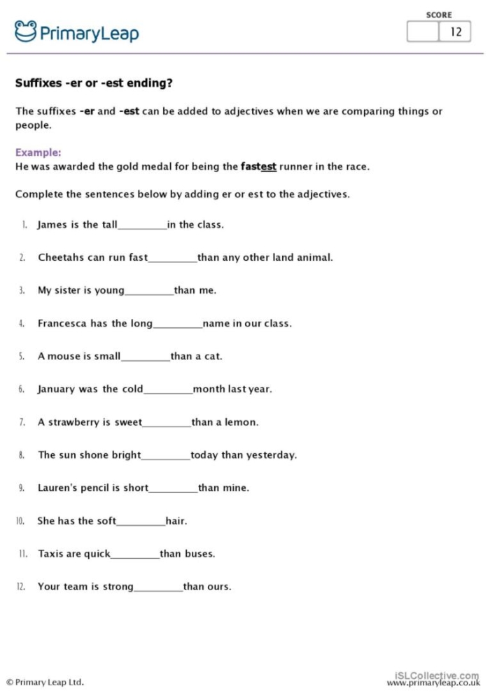 Comparing adjectives with -er and -est suffix practice worksheet for 5th grade students Fifth grade grammar worksheet focused on the spelling rules for adding -er and -est suffixes to adjectives