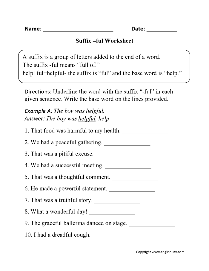 Fourth grade Spanish suffix practice worksheet with sentences for students to identify and define suffixes