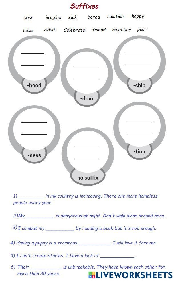 Worksheet featuring suffix exercises for third graders