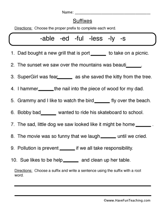 Worksheet featuring suffix exercises for third graders to enhance vocabulary skills