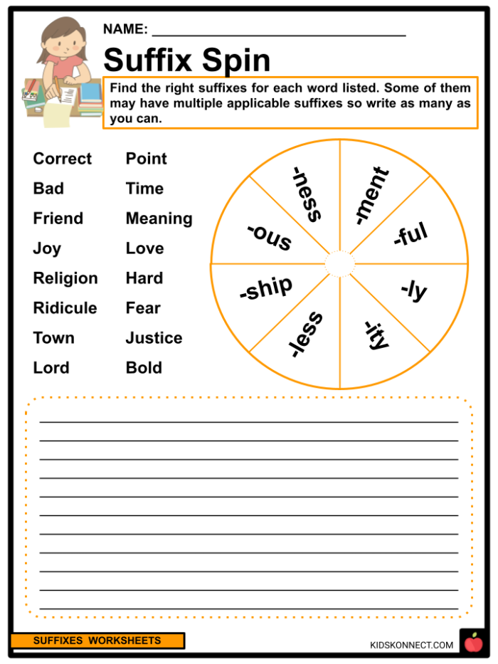 Suffix worksheet for second graders illustrating word transformations