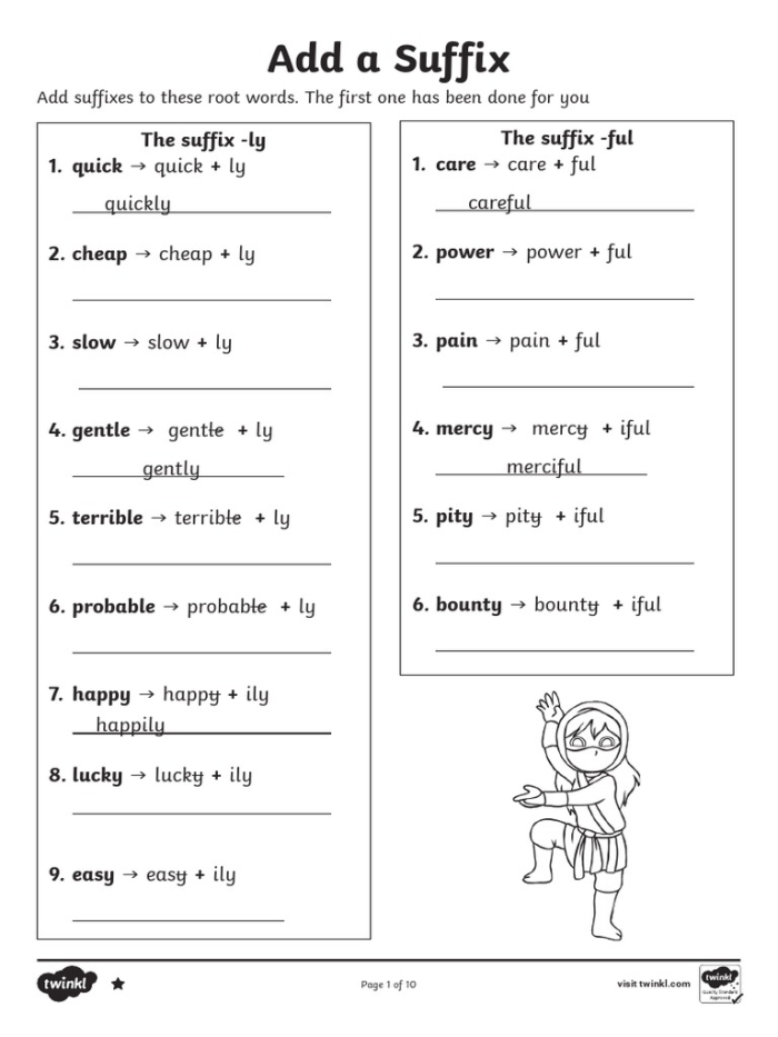 Practice sheet for comparing adjectives using comparative and superlative suffix forms Fifth grade grammar worksheet showing adjective suffix exercises with -er and -est spelling rules