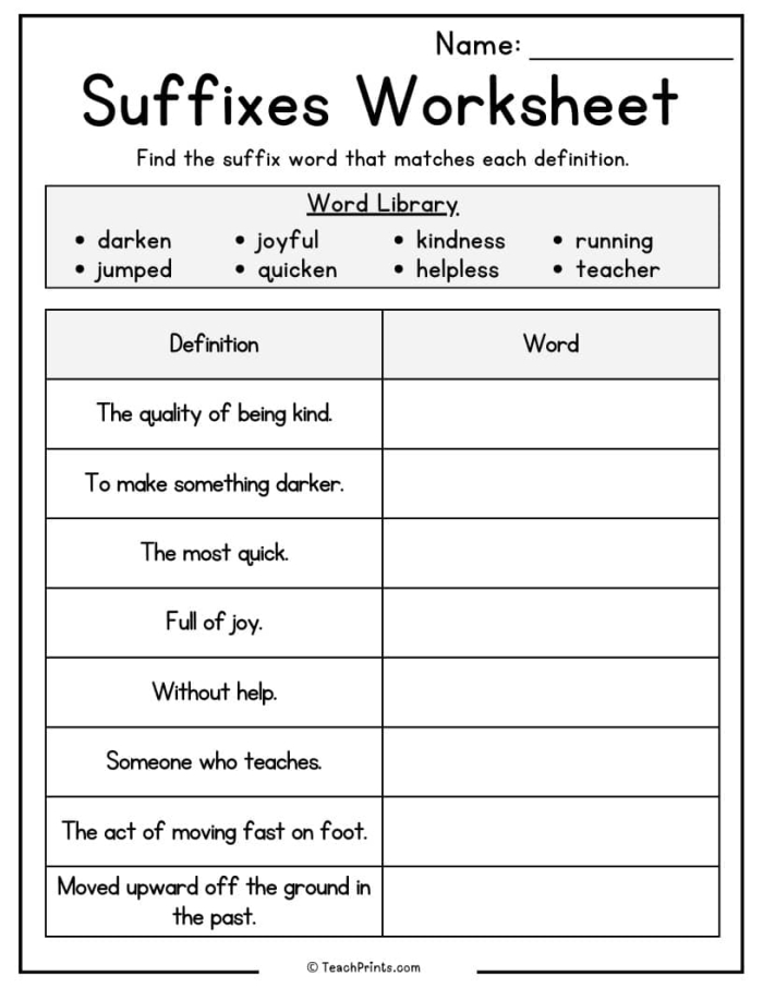 Worksheet illustrating how suffixes change everyday words into new meanings for second graders
