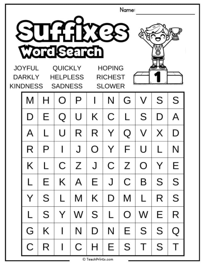 Worksheet illustrating suffixes in everyday words for second graders