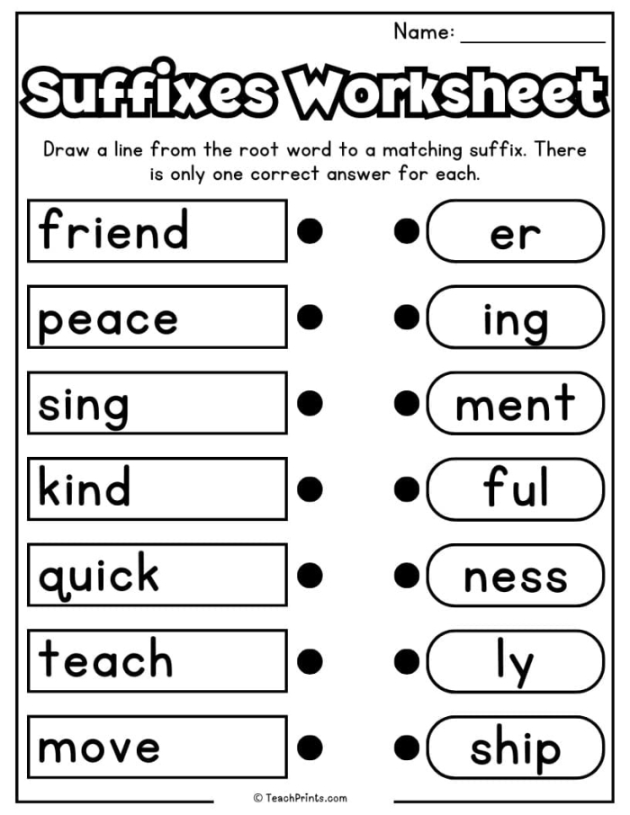 Worksheet illustrating suffixes and their effects on everyday words for second graders
