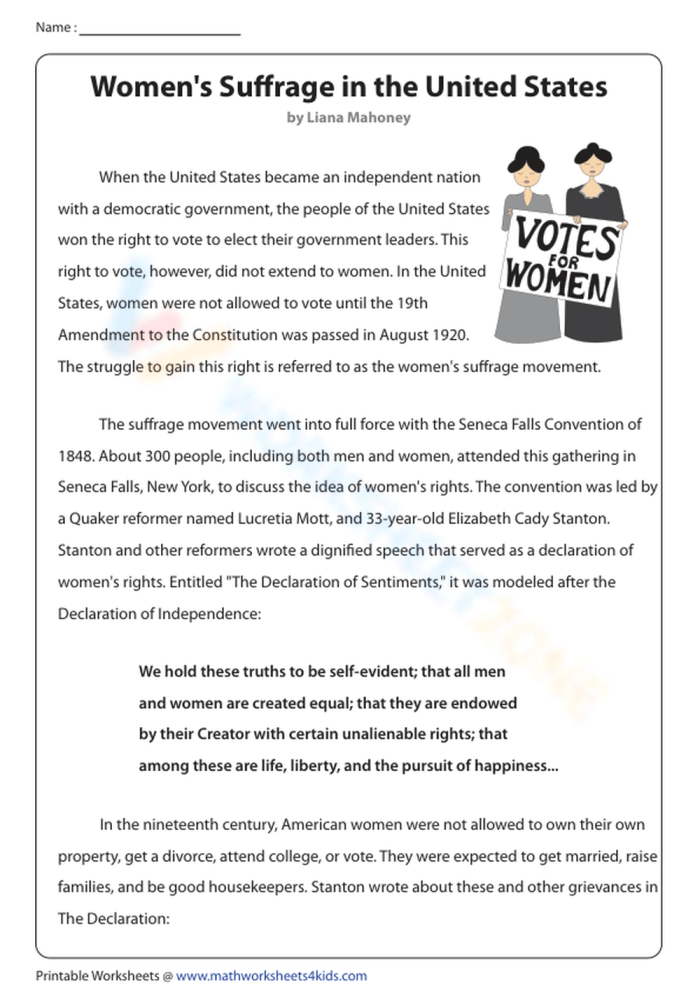 Educational resource illustrating key events and figures in women's voting rights history Worksheet focused on the women's suffrage movement and the 19th Amendment for fifth graders